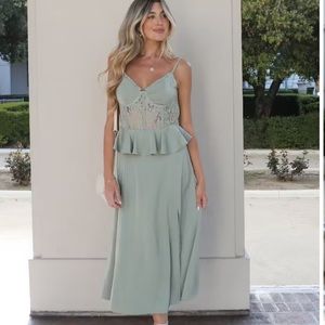 Vici Sage Green Lace Peplum Midi Dress